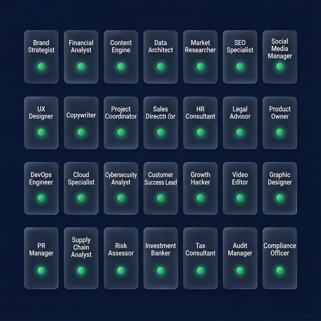 A grid of AI agent cards showing specialized business roles