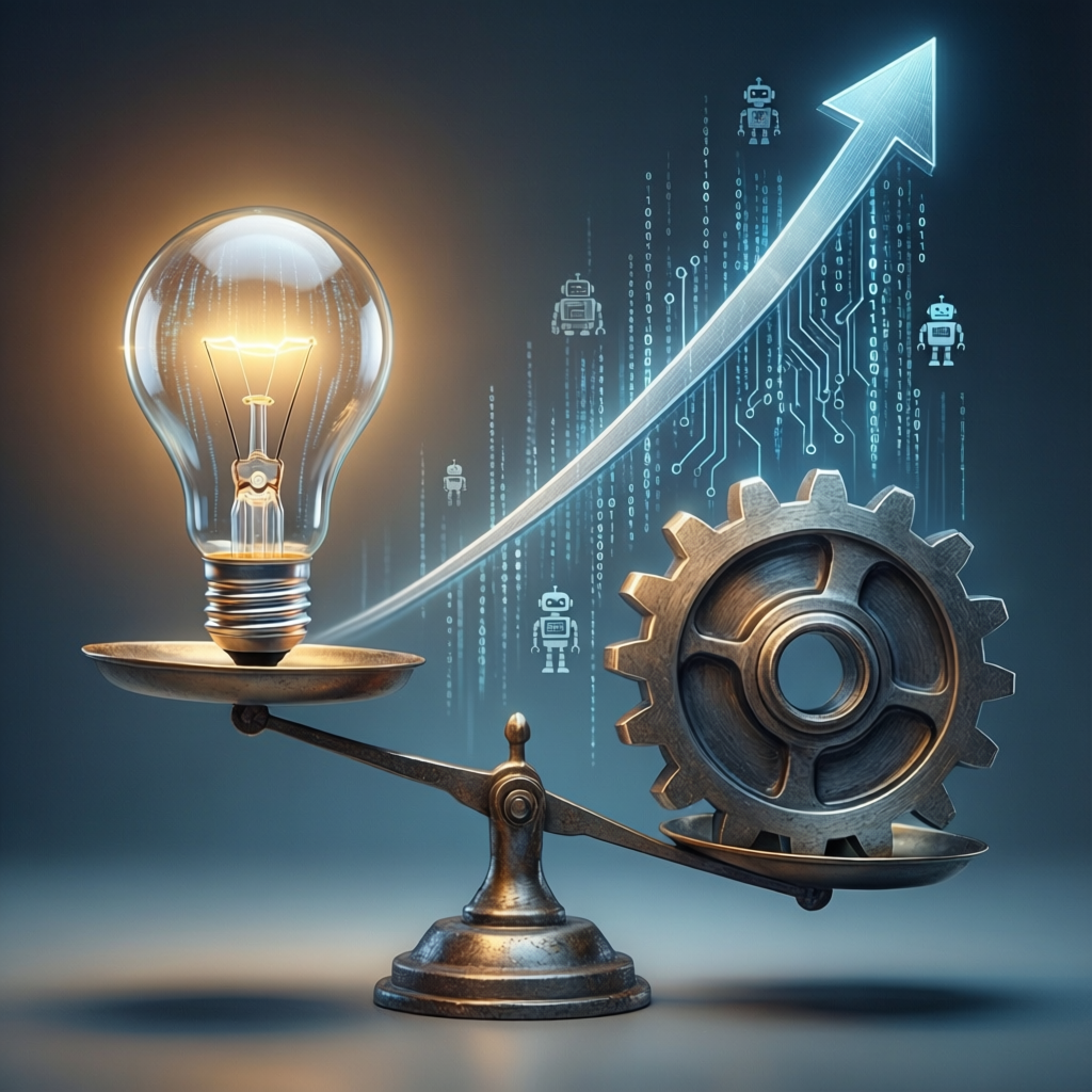 A balance scale tipping toward a lightbulb over a gear
