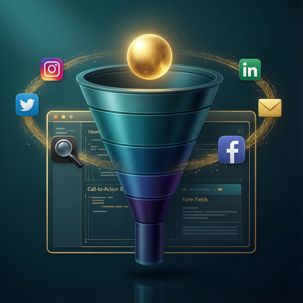 Marketing funnel flowing into a code editor representing Marketing Driven Development