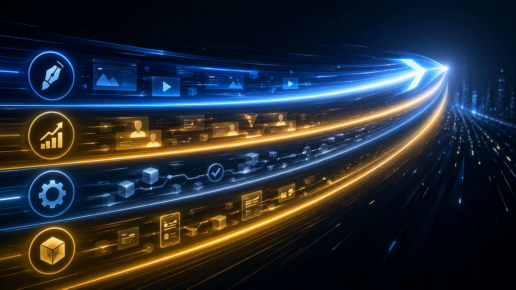 Parallel light streaks representing business workstreams moving at high velocity, with one lane pulling ahead of competitors