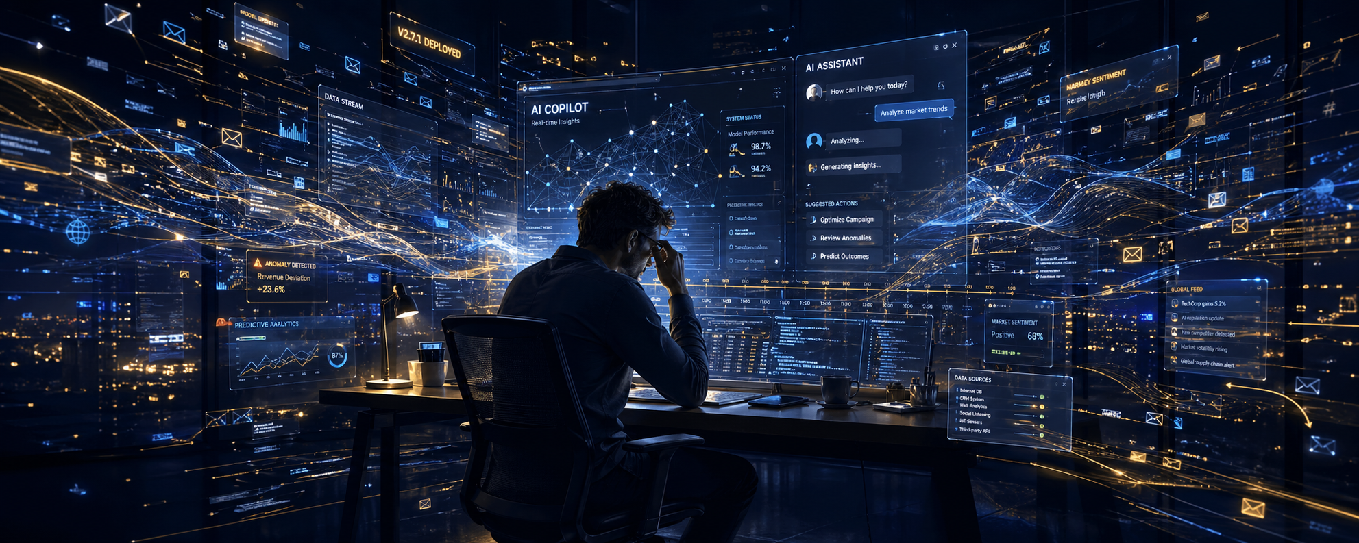 Person at a desk surrounded by overwhelming streams of AI-generated information, with data visually overflowing past the edges of their view