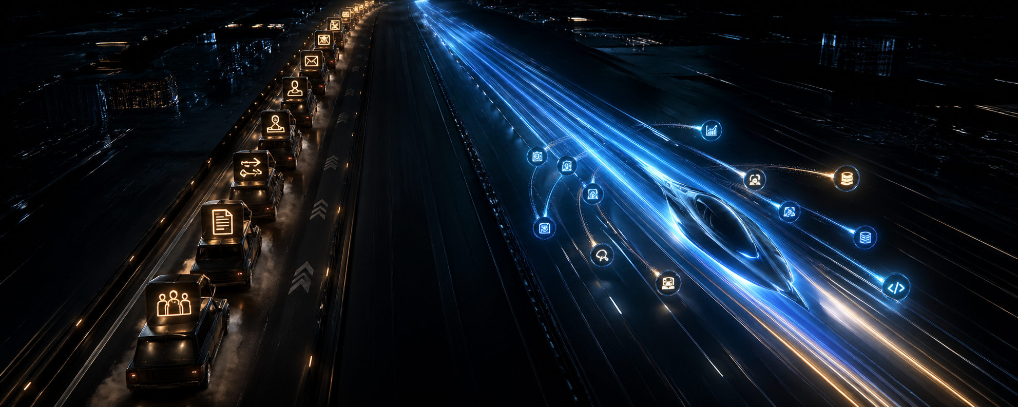 Two racing lanes: a slow sequential business convoy on the left, a streamlined AI-powered operation with parallel agent light trails surging ahead on the right