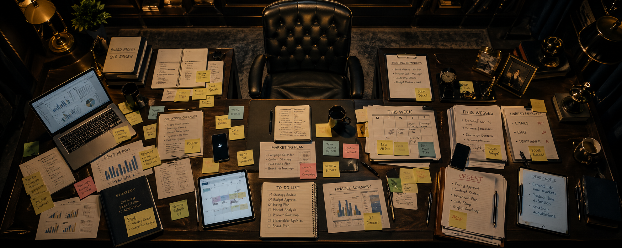 CEO's desk completely covered with tasks and open screens, but the chair is empty — no one else can do this work